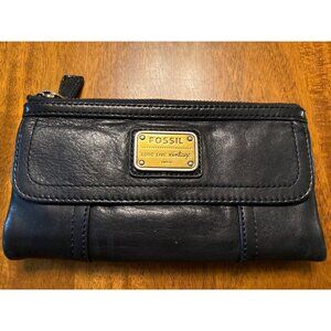 Fossil Black Leather Wristlet Wallet With Zip Closure & Snap Tab